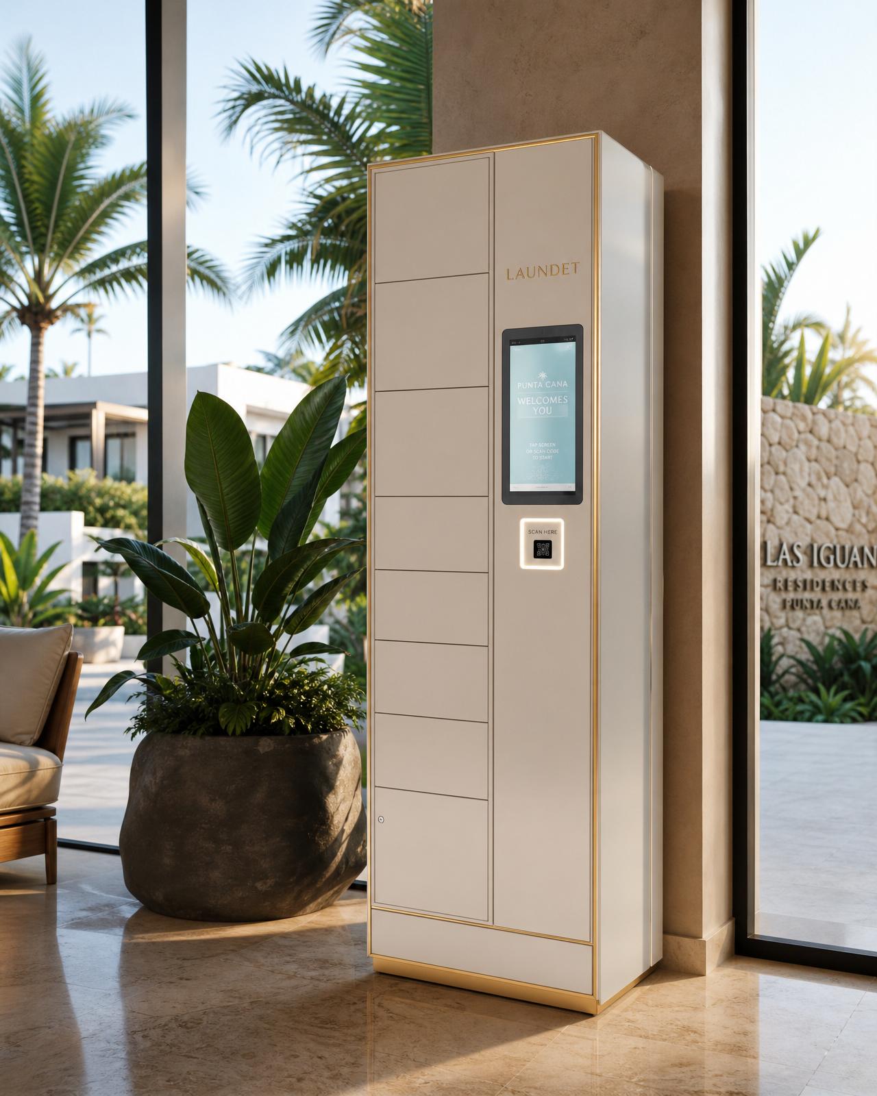 Casillero inteligente LAUNDET instalado en el lobby de un condominio en Punta Cana